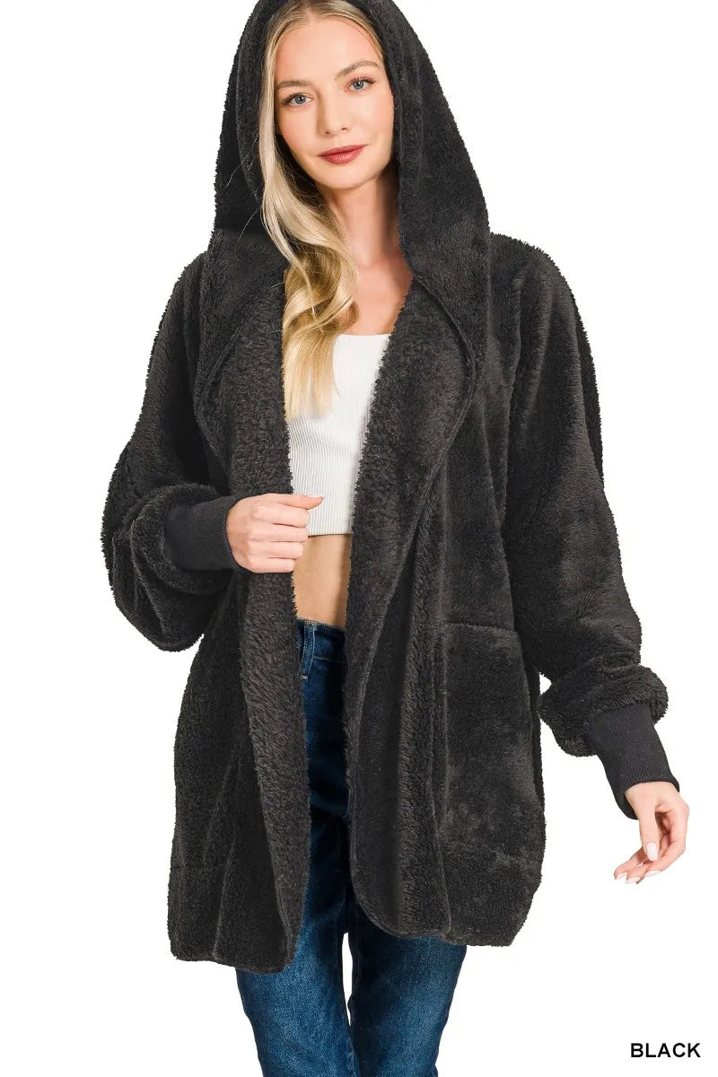 Zenana Hooded Faux Fur Jacket with Pockets