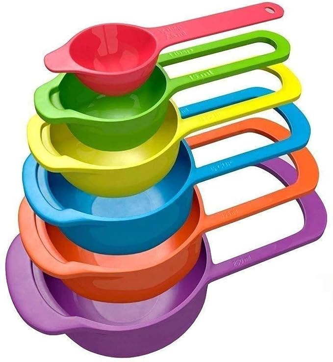 Plastic Cooking Baking Measuring Cups and Spoons Kitchen Tools, Bakeware Rainbow Colours (6-Piece Set)