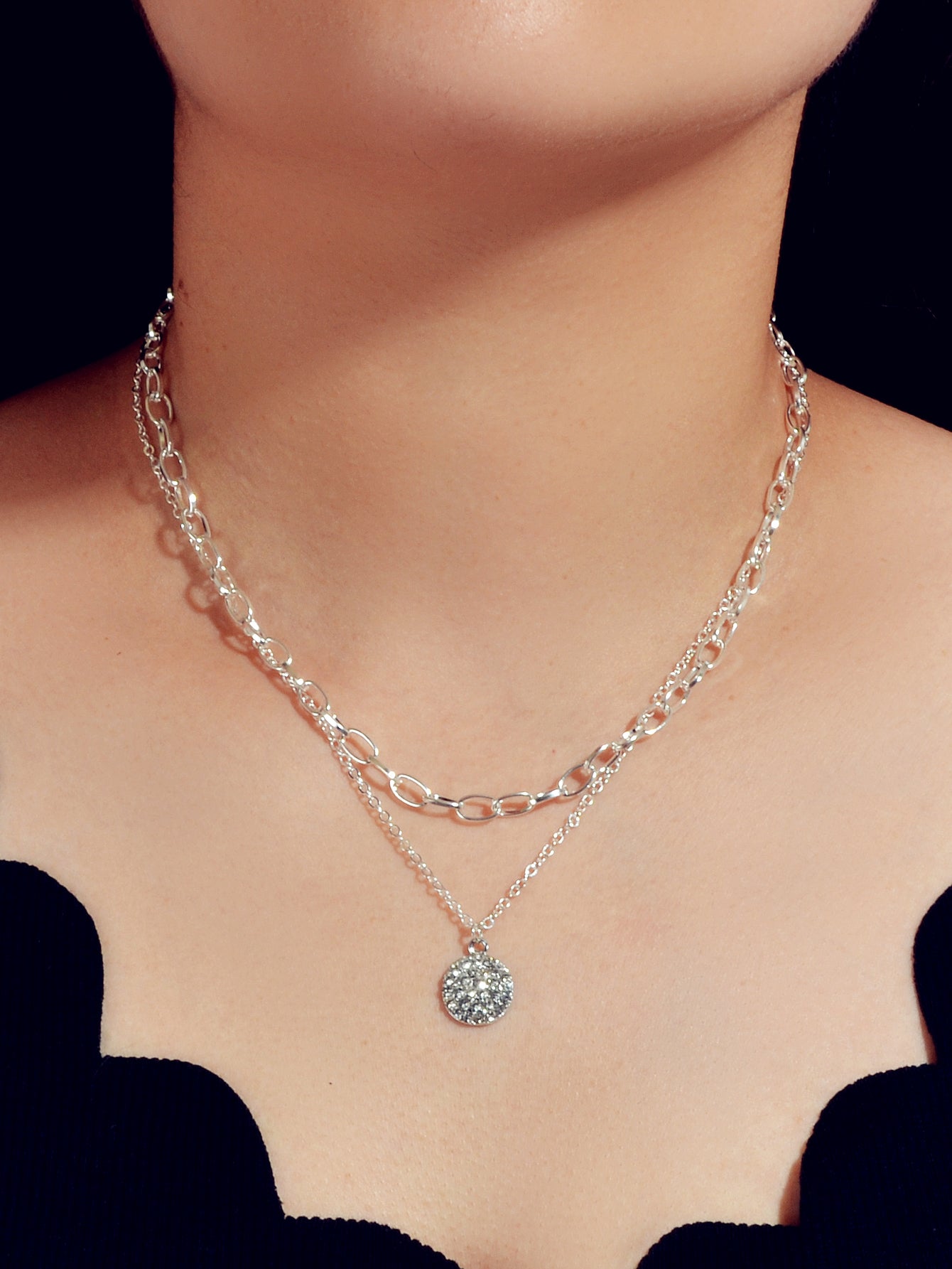 Female Jewellery Double layer Paperclip Gold Silver Chain Round Pendant Necklace