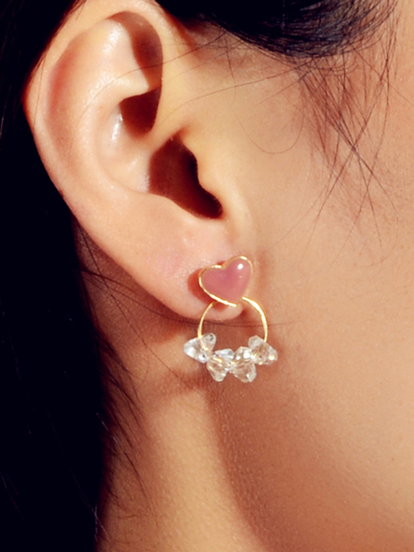 Trendy Ladies Jewellery Transparent Beads Gold Circle Red Heart Stud Earrings