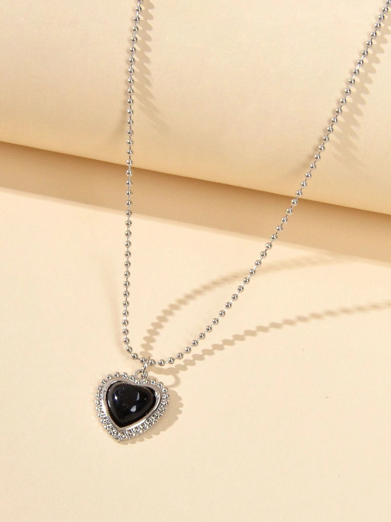 Silver Ball Chain Black Love Heart Pendant Necklace Textured Collar Jewellery