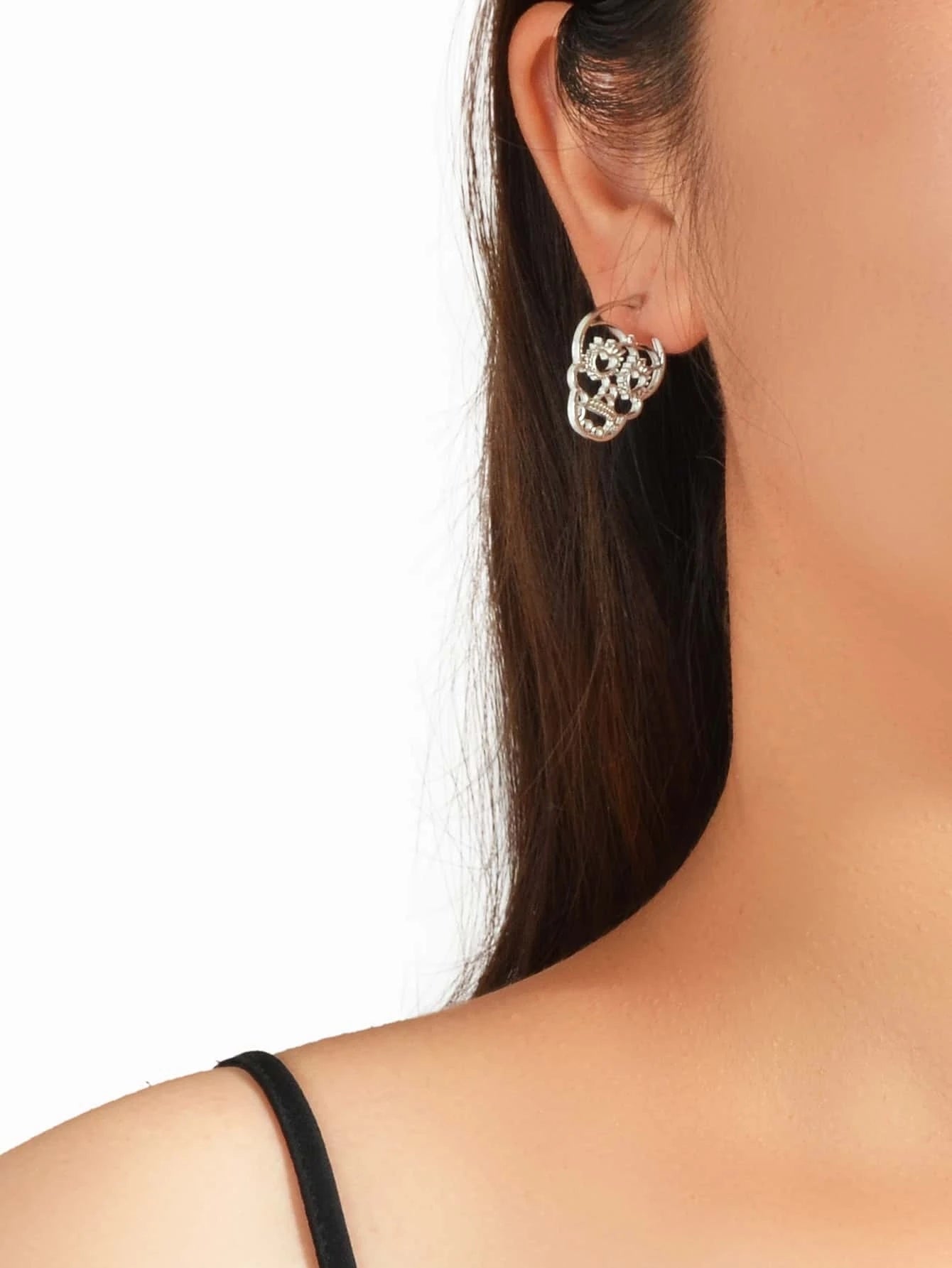 Silver Hollow out Halloween Skull Statement Stud Earrings Women Punk Jewellery