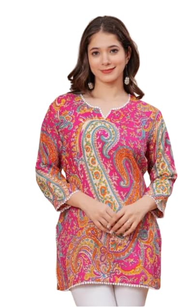 ANVI Women's Paisley Printed Short Kurti, 3/4 Sleeves, Multi-Color