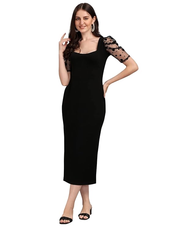 SIRIL Women Calf Length Half Sleeve Lycra Solid Bodycon Dress, One Piece Dress