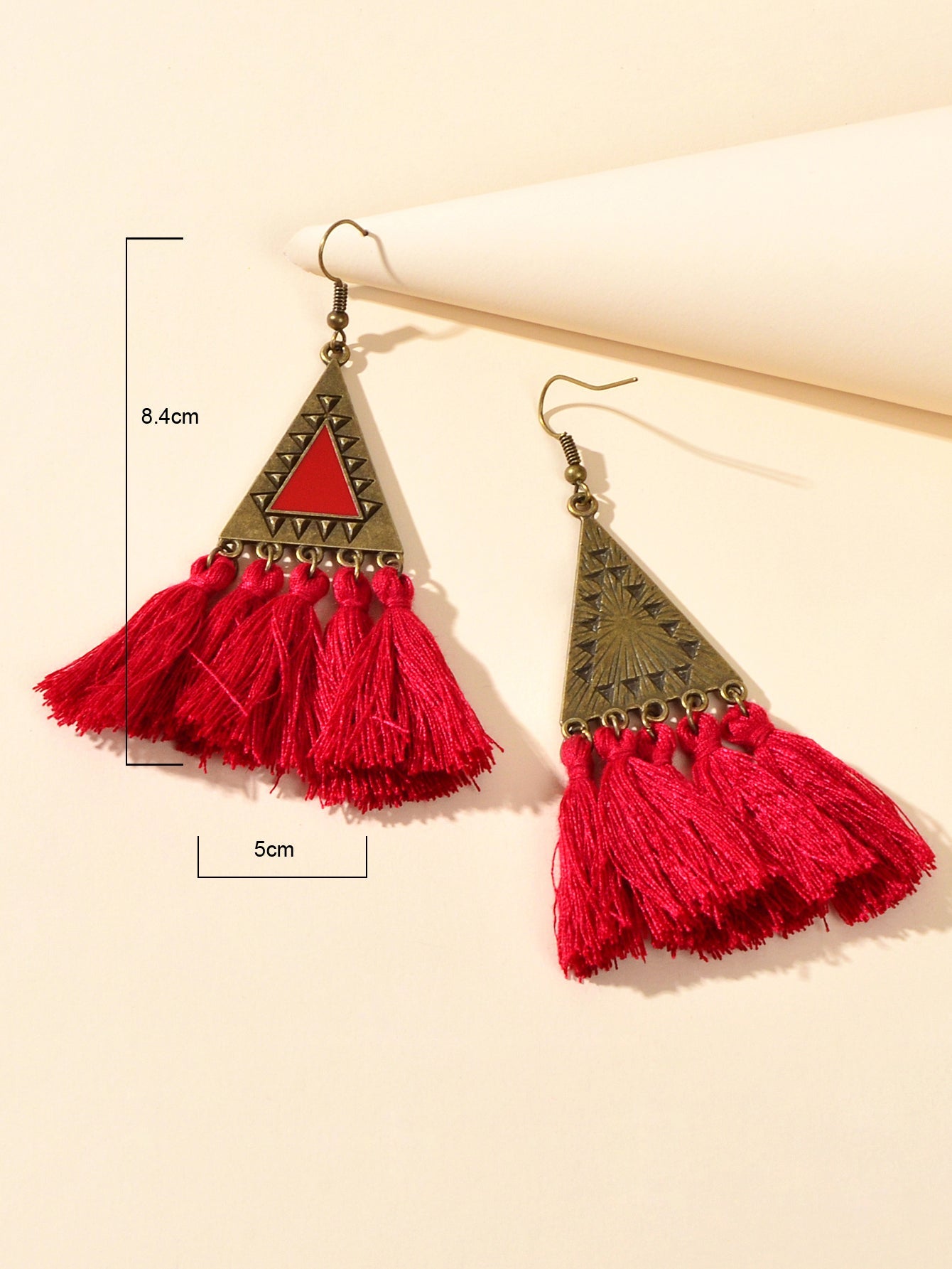 American Jewellery Ethnic Antique Gold Triangle Winered Tassel Bohemian Earrings