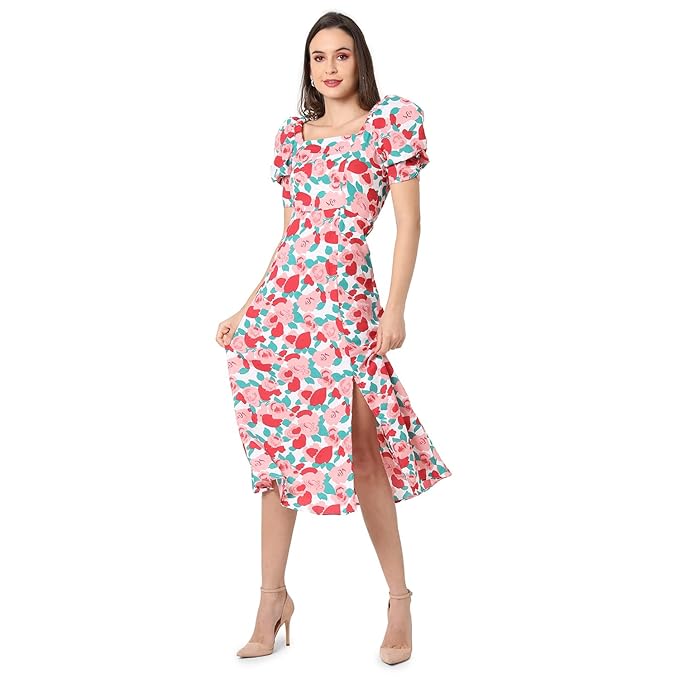 Campus Sutra Women White & Pink Floral Printed Knee Length Casual Dress