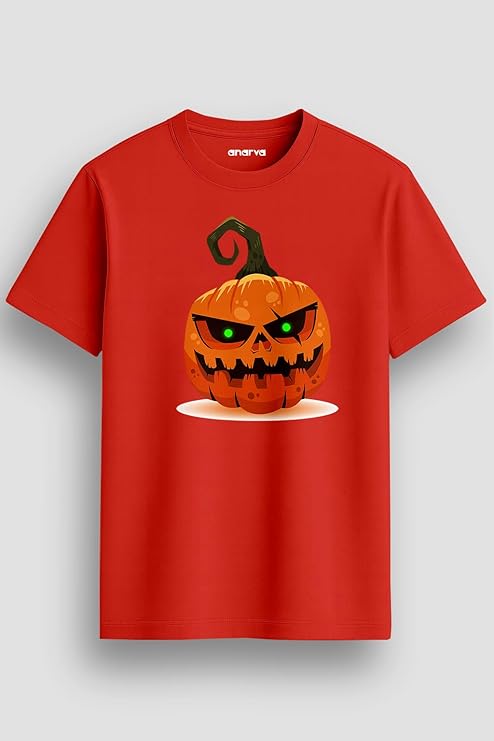 Amazon Brand - Anarva Regular Fit Halloween T-Shirt | Scary Pumpkin Face Print Cotton Tee for Men & Women | Spooky Halloween Costume Top