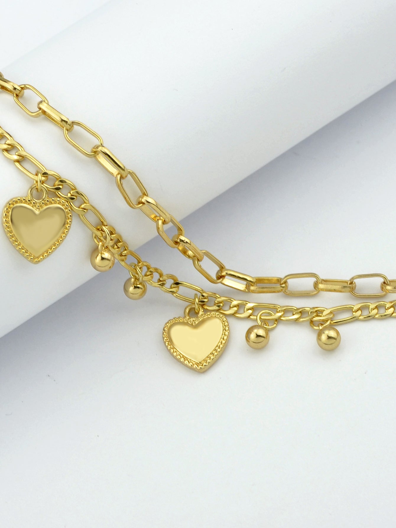 Ladies Jewellery Double layer Gold Silver Paperclip Chain Beads Heart Bracelet
