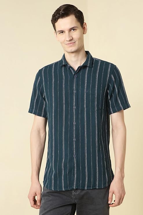 Allen Solly Men Cotton Blend Regular Fit Textured Striped Casual Shirt