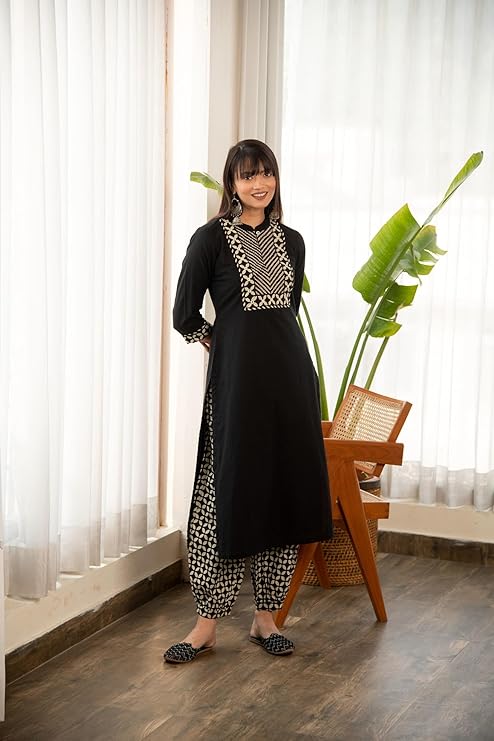 Yashika Women's 3/4 Sleeve Solid Black Color Kurti Pant Set, Cotton Blend, Knee Length, Stylish Ethnic Outfit, Office, and Casual Occasions