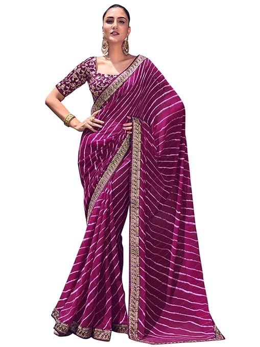 SIRIL Women's Georgette Bandhani Printed Saree With Unstitched Blouse Piece