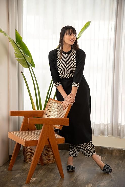 Yashika Women's 3/4 Sleeve Solid Black Color Kurti Pant Set, Cotton Blend, Knee Length, Stylish Ethnic Outfit, Office, and Casual Occasions