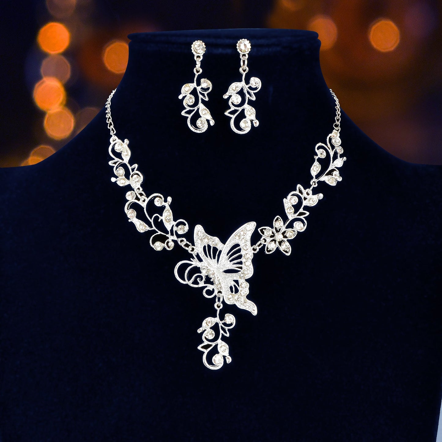 Anniversary Jewellery set Silver Flower Butterfly Collar Necklace Drop Earrings