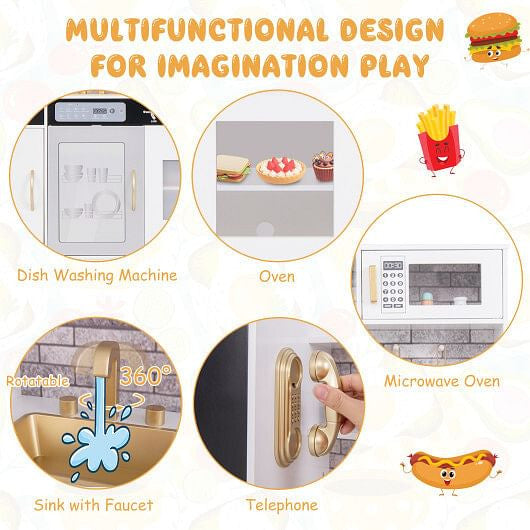 Pretend Play Kitchen with Utensils for Kids Aged 3+-White