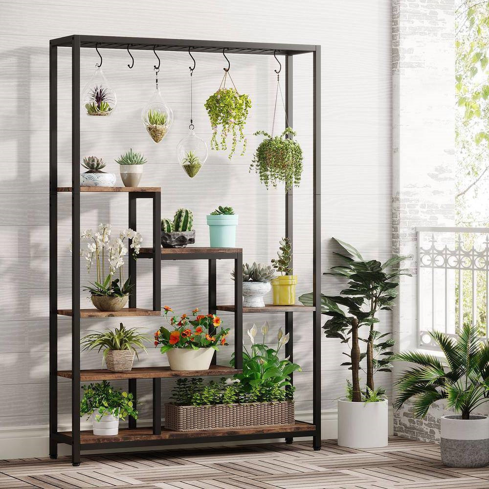 Modern Industrial Heavy Duty Metal Wood Plant Stand with 10 Hanging Hooks