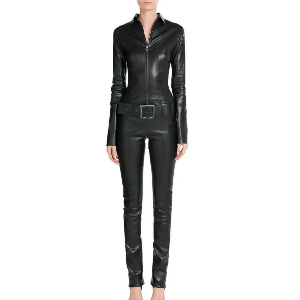Women’s Black Designer Leather Jumpsuit with Belted Waist-0