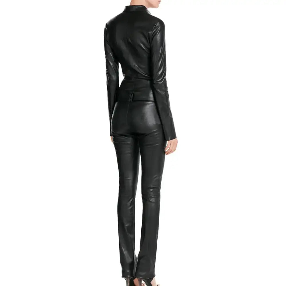 Women’s Black Designer Leather Jumpsuit with Belted Waist-1
