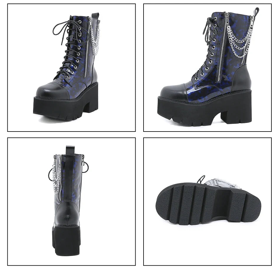 Cerulean Chain Blue PVC Zip Lace-up mid-calf Platform Boot