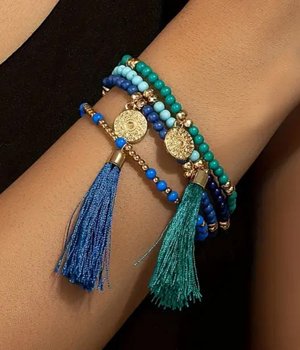 BOHO STYLE 4 PIECE MULIT SEEDBEAD AND TASSEL STACKABLE STRETCH BRACELET SET-0