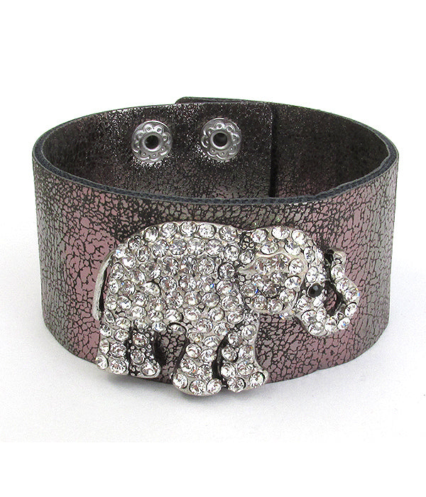 CRYSTAL PAVE ELEPHANT WIDE LEATHERETTE BAND BRACELET-0