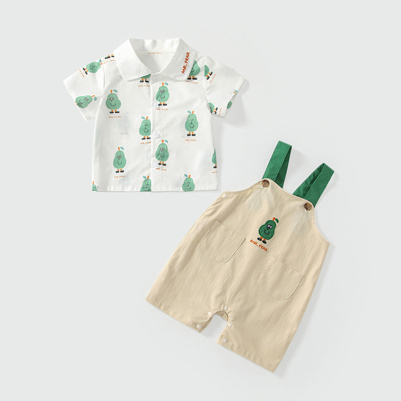 Summer Baby Kids Cartoon Fruits Pattern Short Sleeves Top Shirt and Overalls Clothing Set