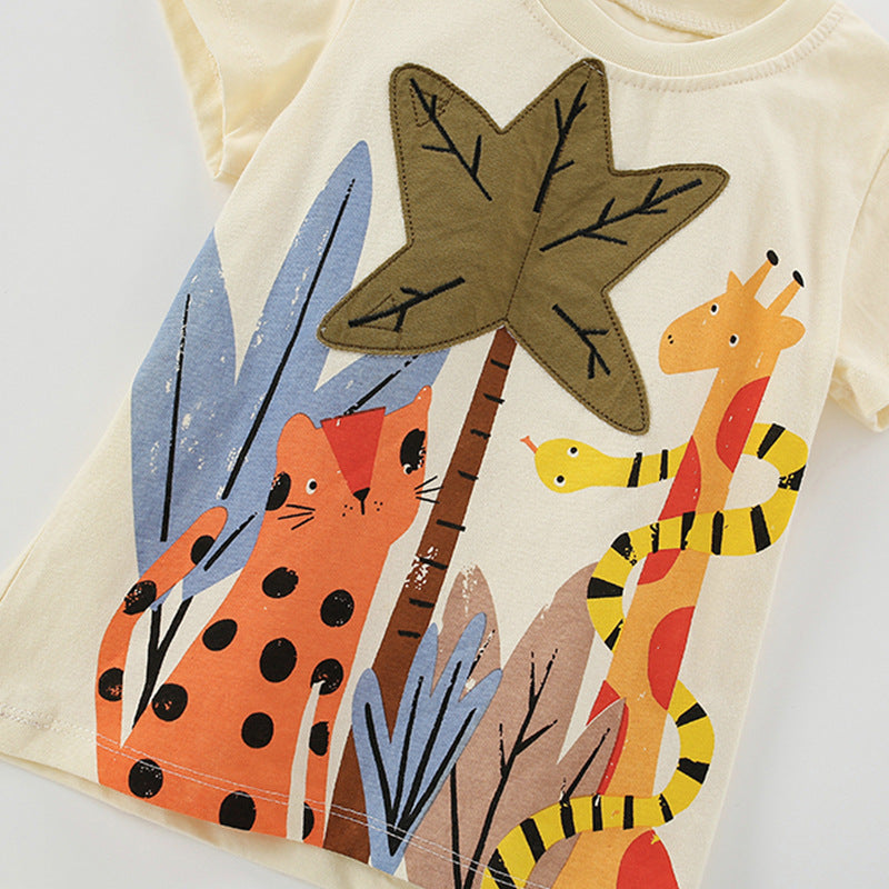 Summer Baby Kids Jungle Animals Cartoon Pattern T-shirt and Shorts Clothing Set for Boys