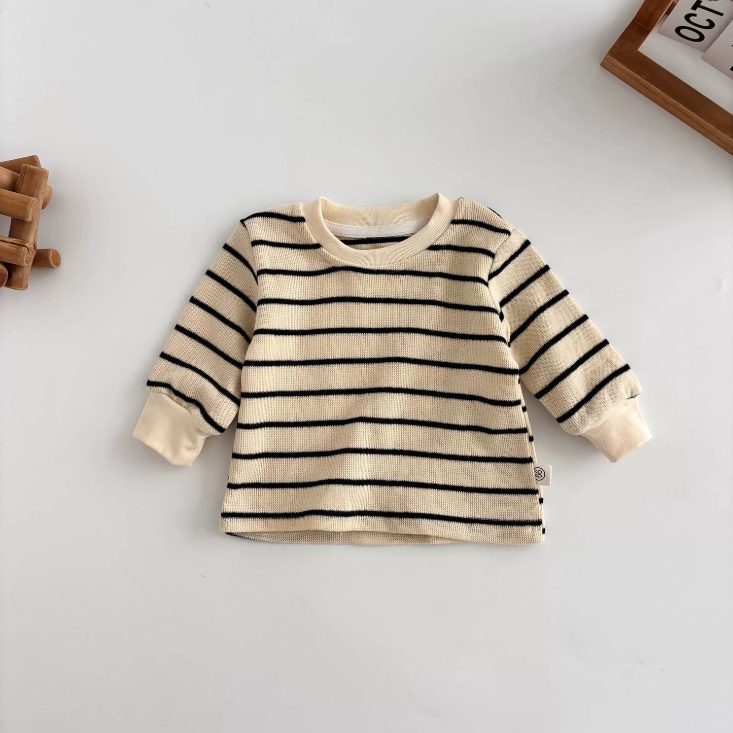 Autumn Hot Selling Baby Kids Unisex Sleeveless Denim Strap Overalls and Striped Pullover Clothing Set