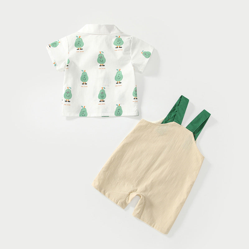 Summer Baby Kids Cartoon Fruits Pattern Short Sleeves Top Shirt and Overalls Clothing Set