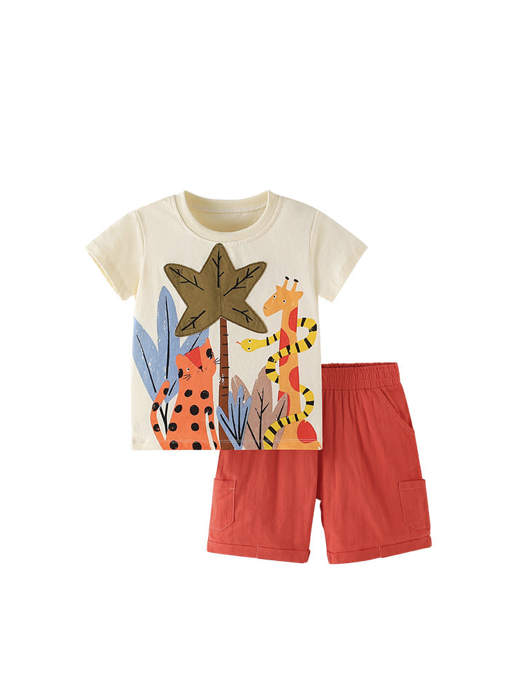 Summer Baby Kids Jungle Animals Cartoon Pattern T-shirt and Shorts Clothing Set for Boys