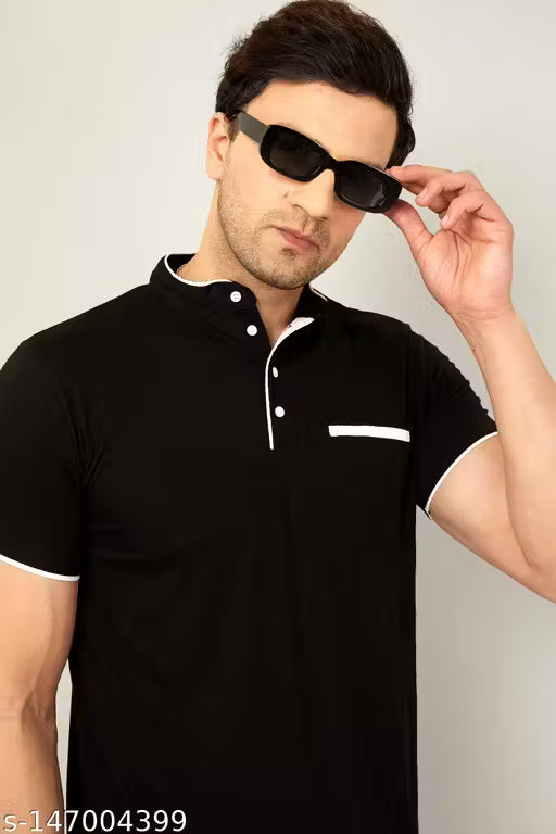 AOOSH Men's Solid Mandarin Black Tshirts