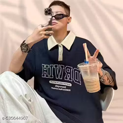 Men's short T-shirt, summer loose half-sleeved turn-down collar T-shirt with letter print decoration