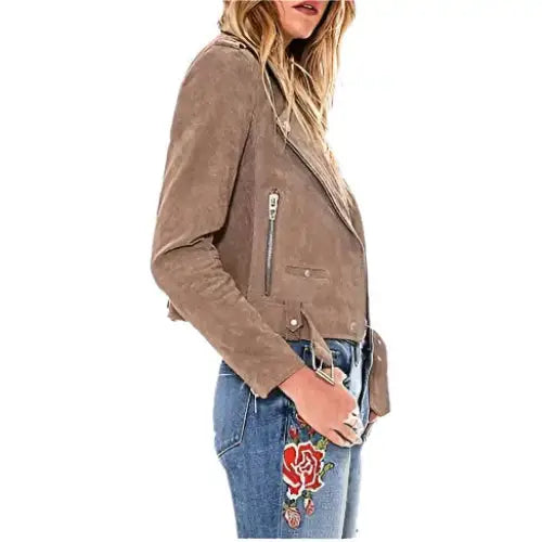 Women’s Luxury Cropped Suede Leather Motorcycle Jacket-2