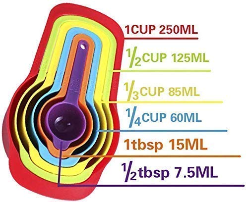 Plastic Cooking Baking Measuring Cups and Spoons Kitchen Tools, Bakeware Rainbow Colours (6-Piece Set)
