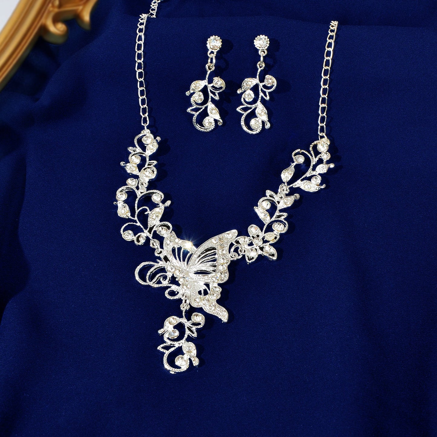 Anniversary Jewellery set Silver Flower Butterfly Collar Necklace Drop Earrings