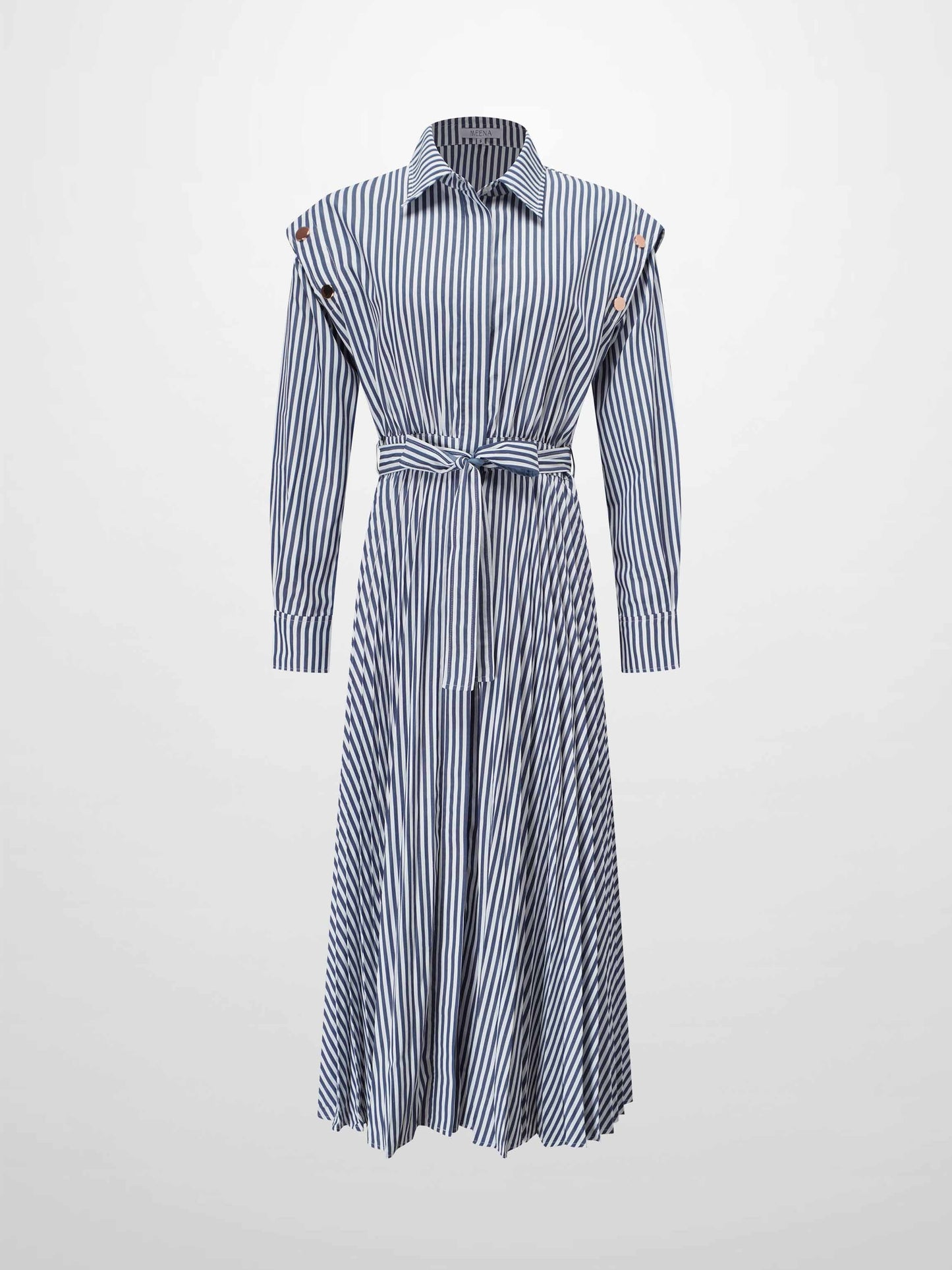 Pleat Bottom Waisted Shirtdress-Navy Pinstripe-1