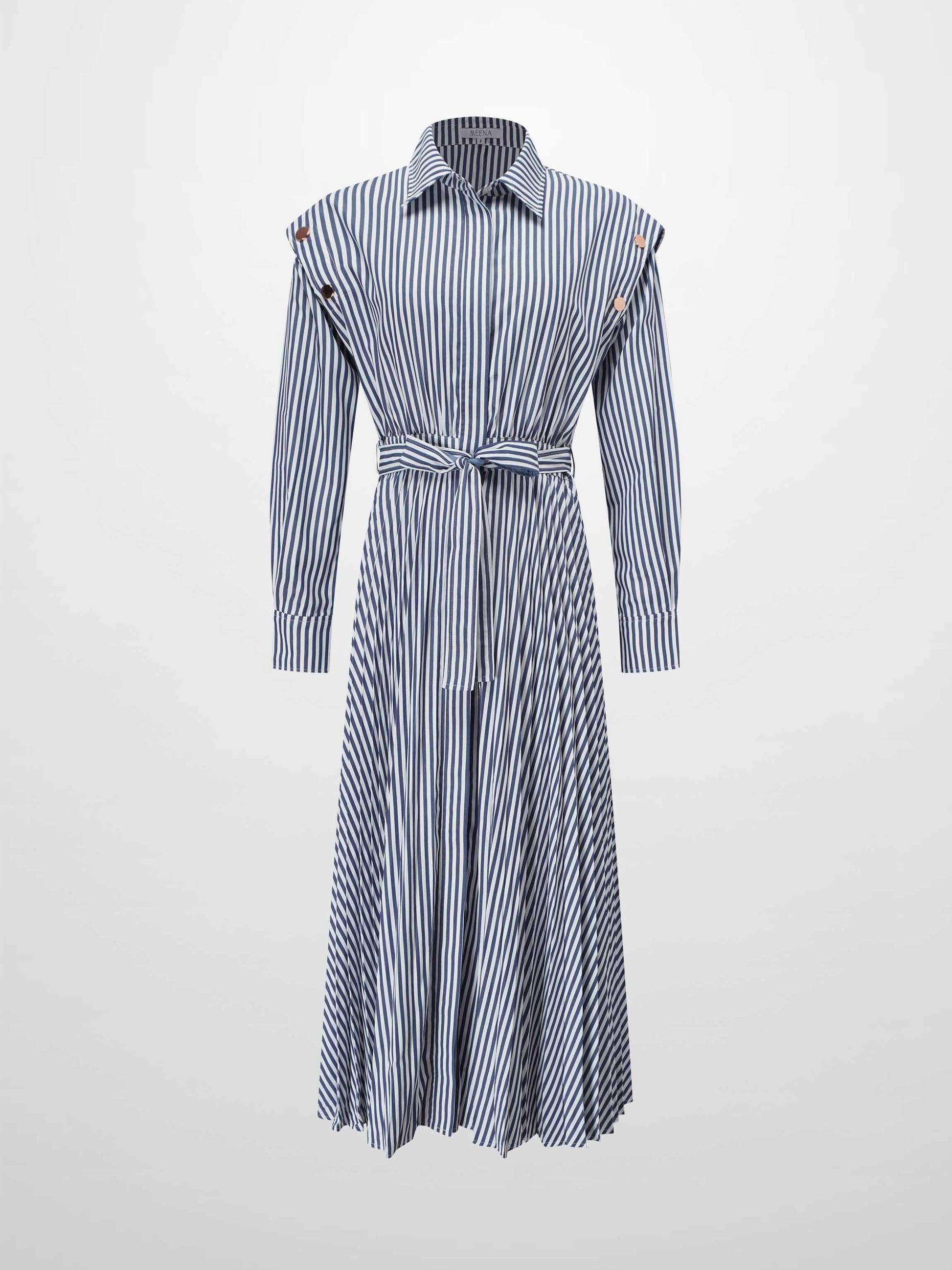 Pleat Bottom Waisted Shirtdress-Navy Pinstripe-1