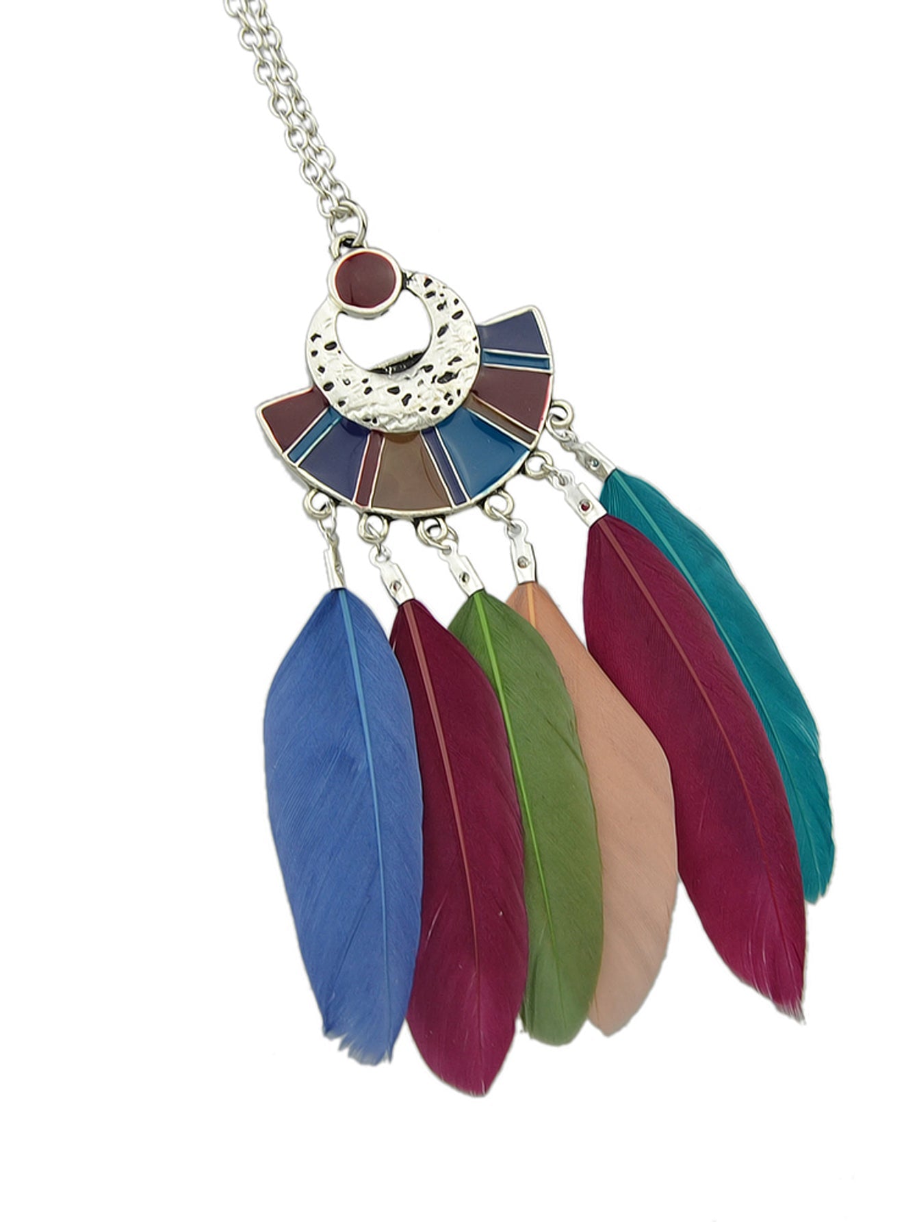 Ethnic Bohemian Traditional Jewellery Silver Long Chain Feather Shape Necklace