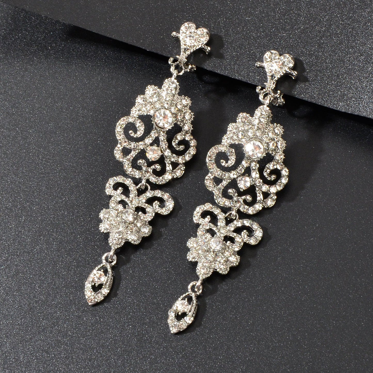 Luxury Rhinestones Silver Hollow Carving Pendant Earrings Banquet Wedding Jewellery