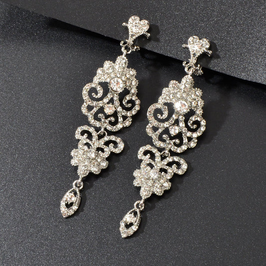 Luxury Rhinestones Silver Hollow Carving Pendant Earrings Banquet Wedding Jewellery