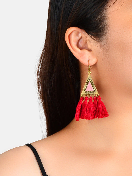 American Jewellery Ethnic Antique Gold Triangle Winered Tassel Bohemian Earrings