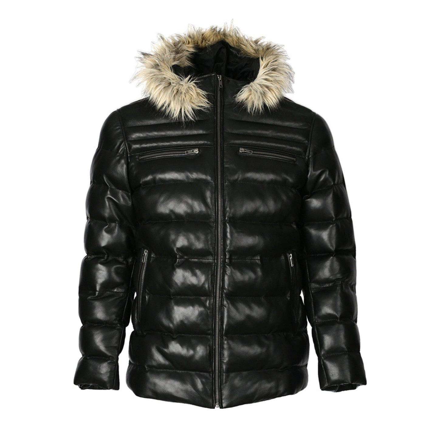 Mens Jeremiah Puffer Leather Jacket with Fur Hoodie (Black)