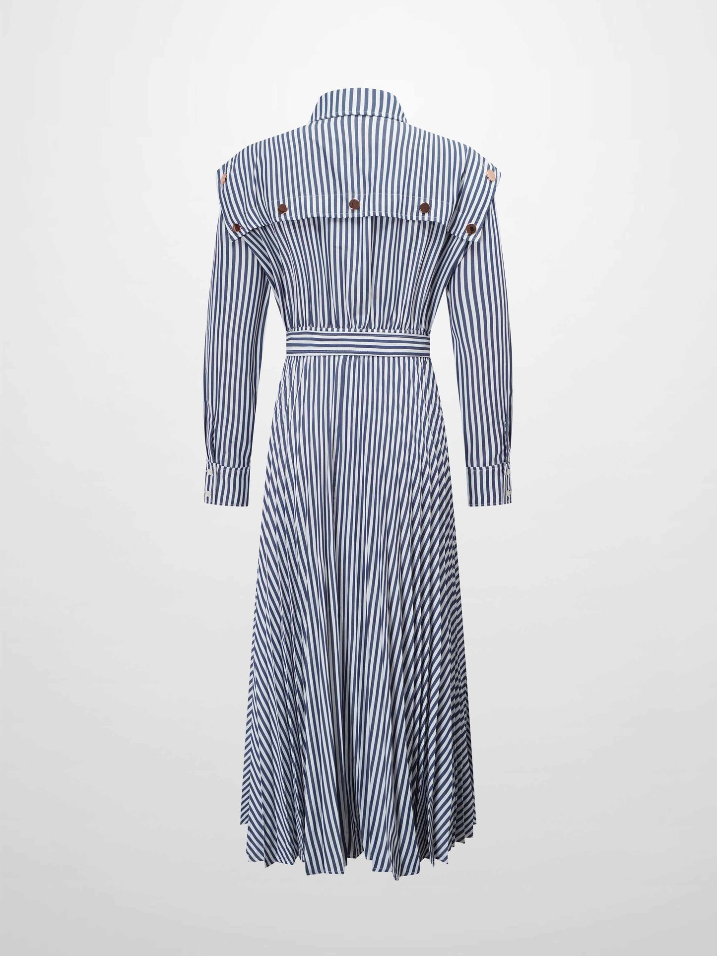 Pleat Bottom Waisted Shirtdress-Navy Pinstripe-2