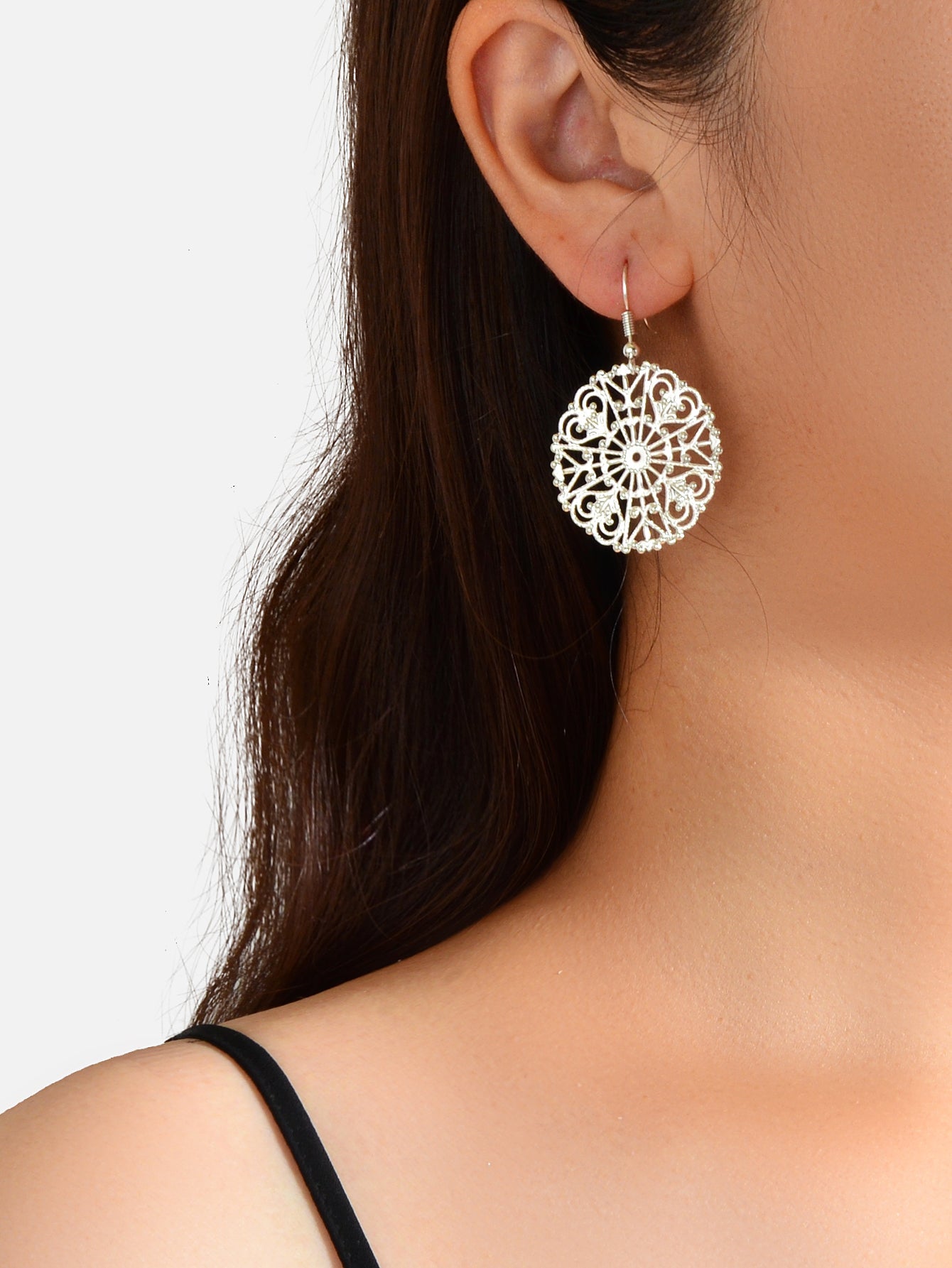 Ladies Jewellery Hollow Gold Silver Flower Pattern Round Trendy Dangle Earrings
