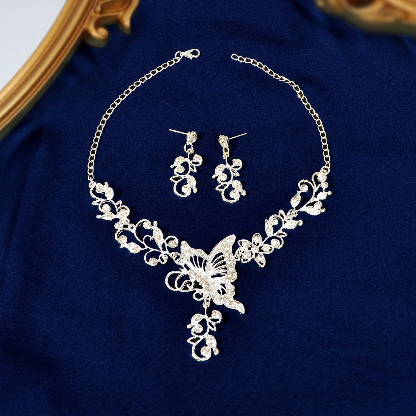 Anniversary Jewellery set Silver Flower Butterfly Collar Necklace Drop Earrings