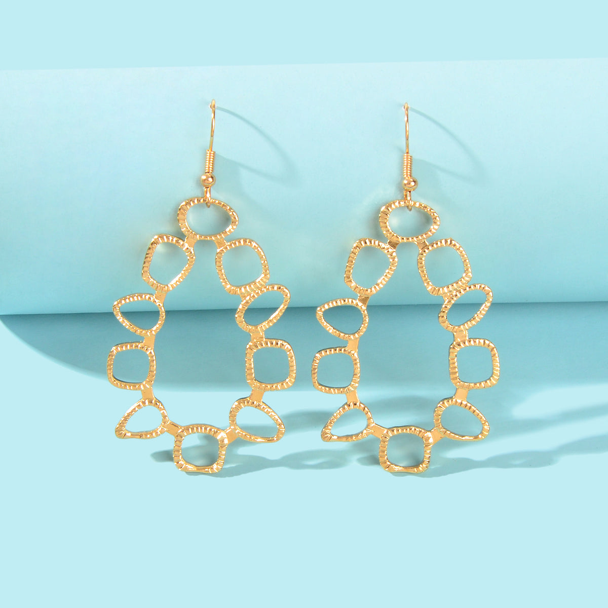 Geometric Design Gold Metal Hollow Dangle Hook Statement Earrings Lady Jewellery