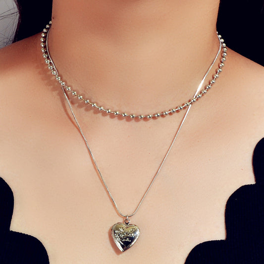 Female Jewellery Double layer Silver Multiple Popcorn Chain Heart Charm Necklace