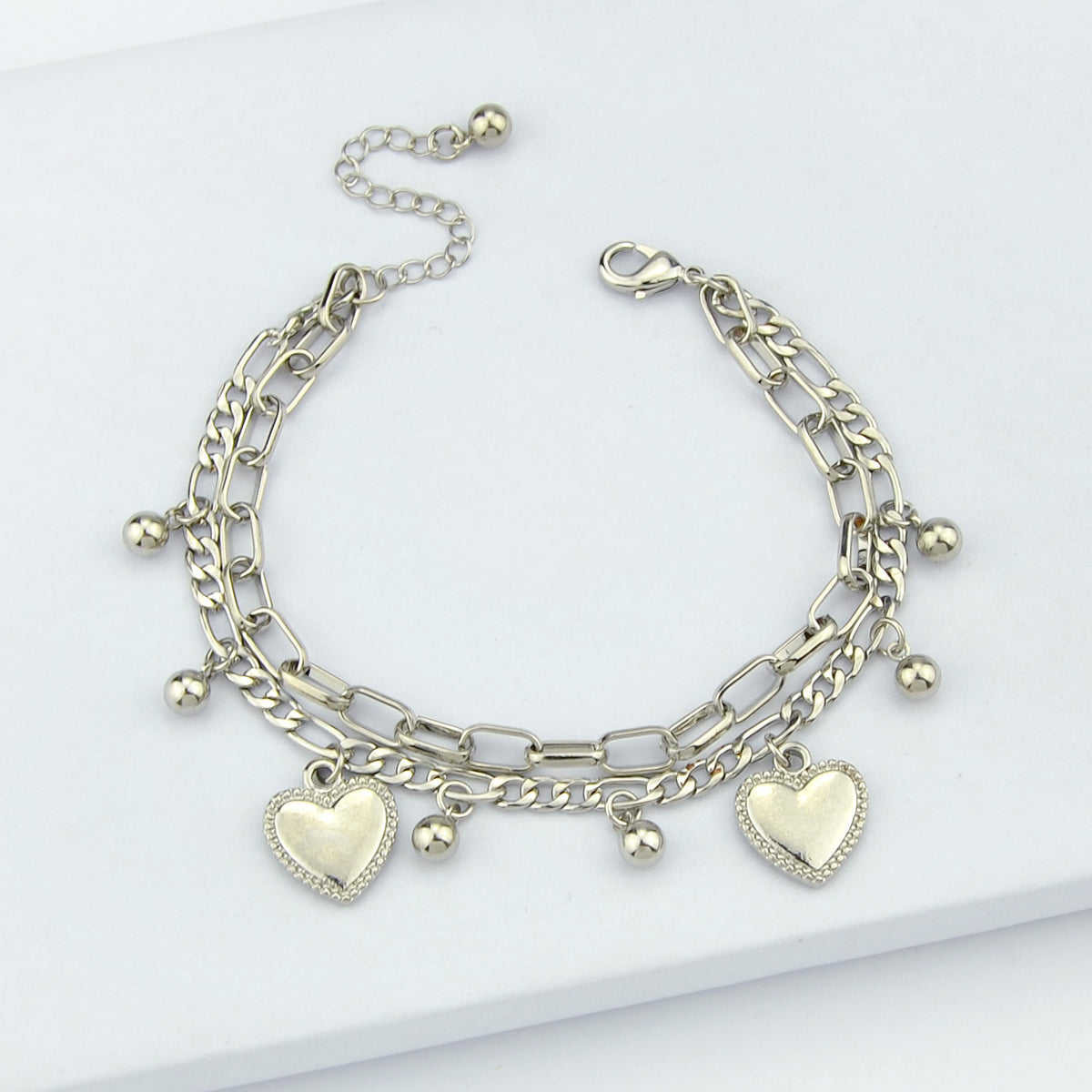 Ladies Jewellery Double layer Gold Silver Paperclip Chain Beads Heart Bracelet