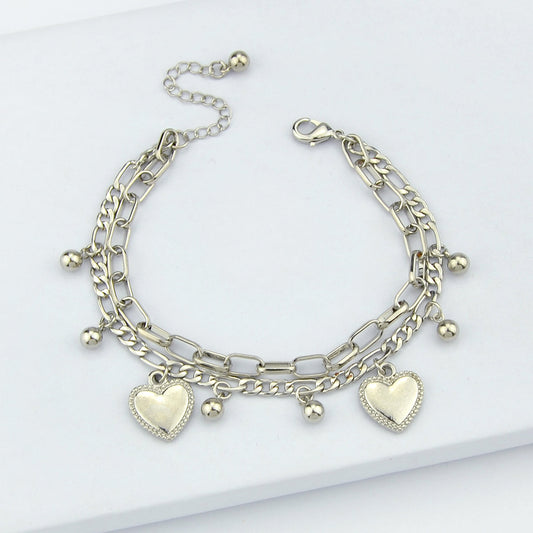 Ladies Jewellery Double layer Gold Silver Paperclip Chain Beads Heart Bracelet