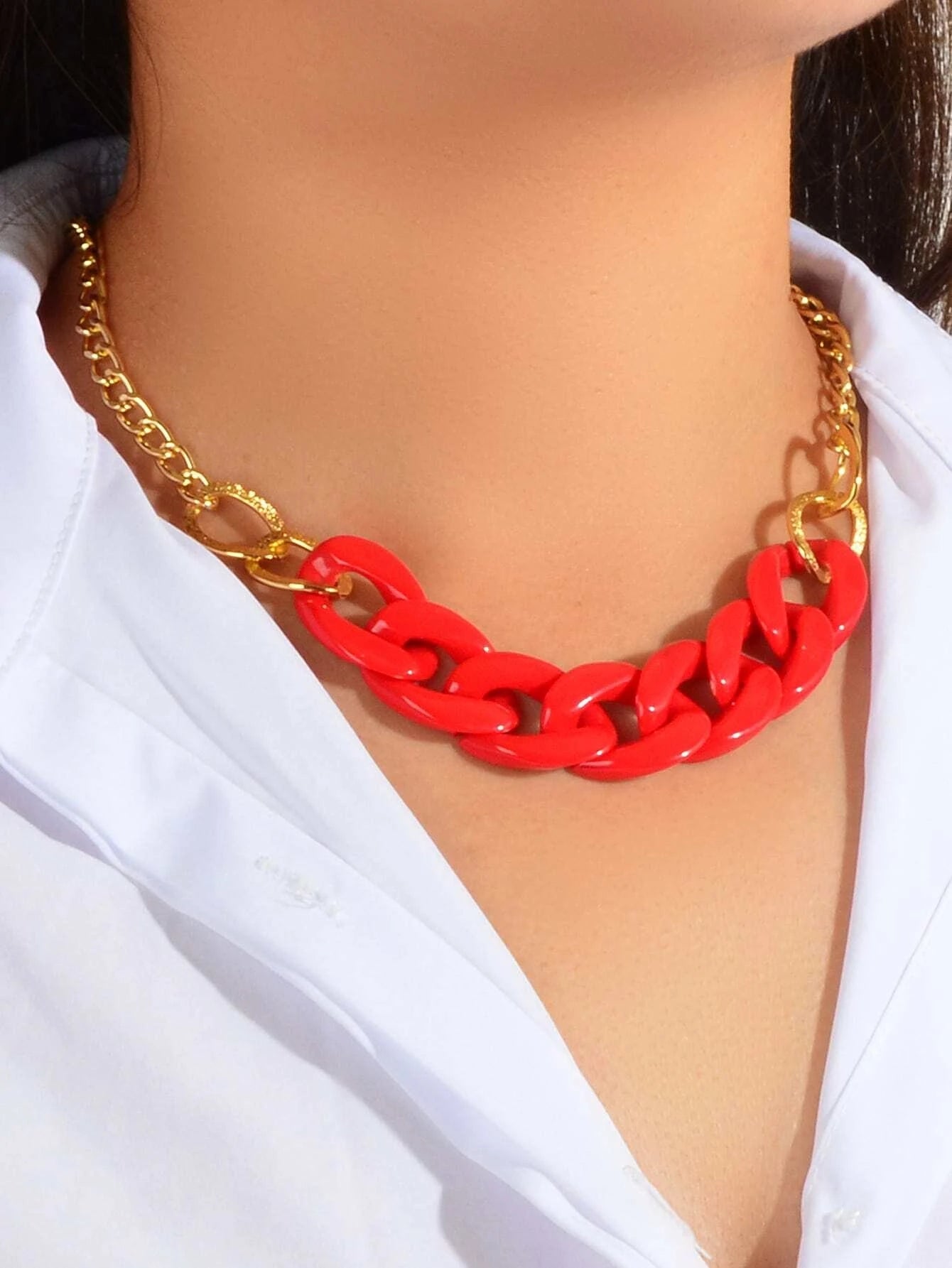 Punk Jewellery Gold Chain Red Acrylic Lock Statement Collar Necklace Accessories