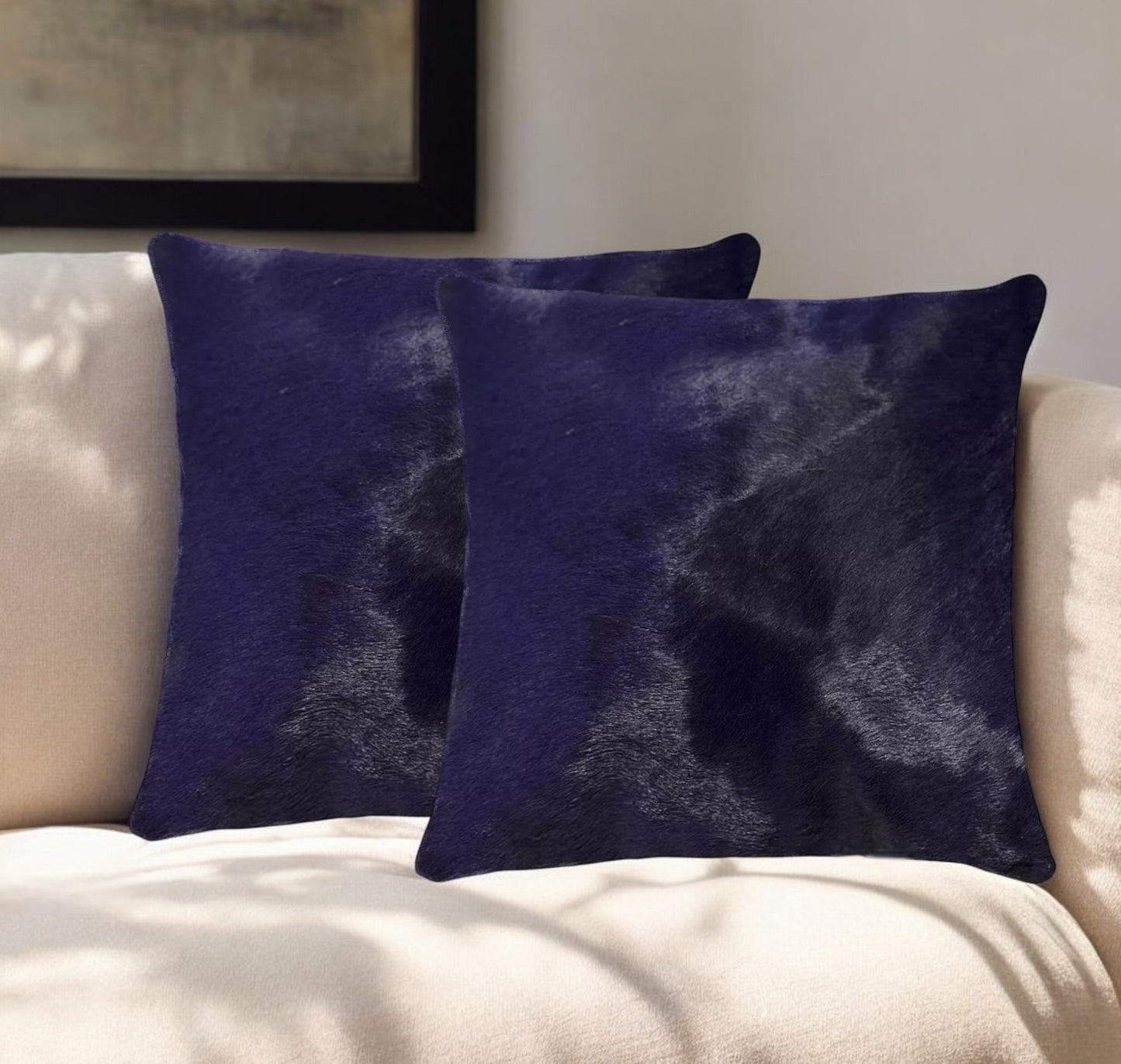 Set of Two 18" Navy Cowhide Throw Pillow